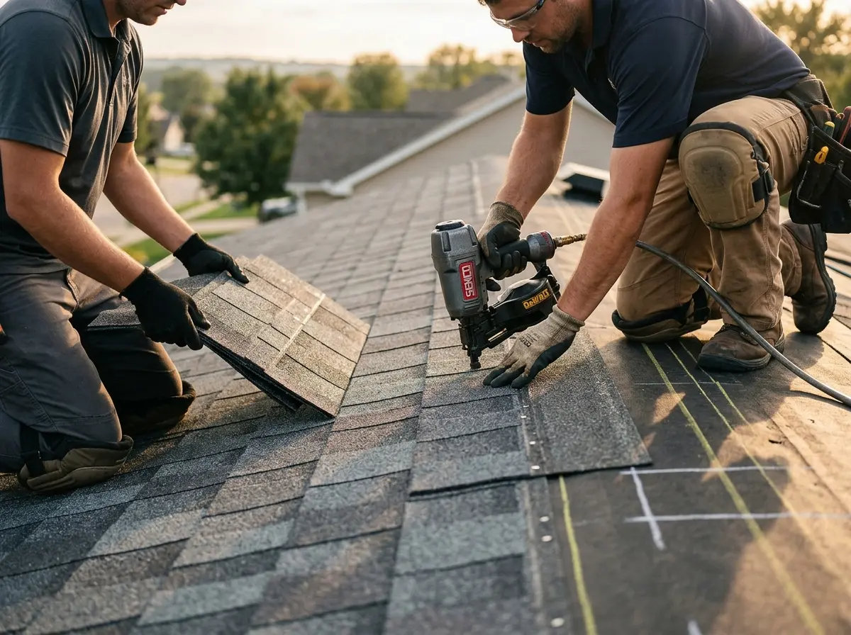 Professional roofer working on a residential roof in St. Ann